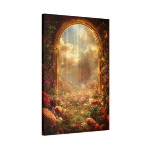 May include: A canvas print depicting a golden archway leading to a bright, ethereal landscape. The arch is framed by lush, colorful roses in shades of red, pink, and orange. The scene is filled with light and a sense of wonder.