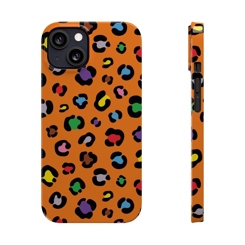 Custodia per telefono con stampa leopardata colorata: macchie arancioni e arcobaleno, vestibilità sottile immagine 14