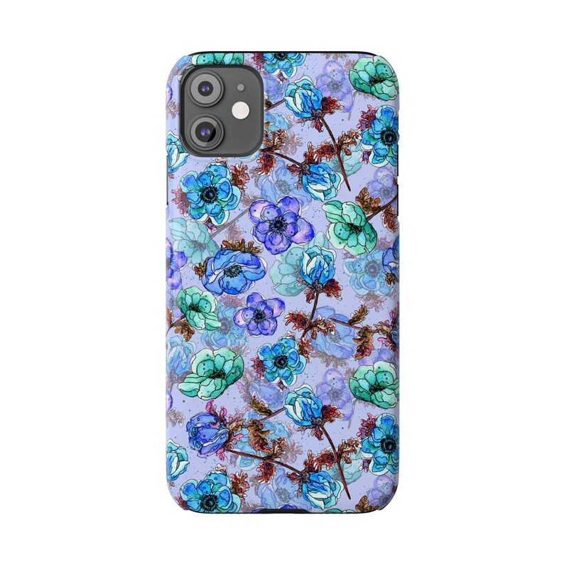 Slim telefoonhoesje met bloemen, blauwgroen waterverf (past op iPhone 14/11) afbeelding 3
