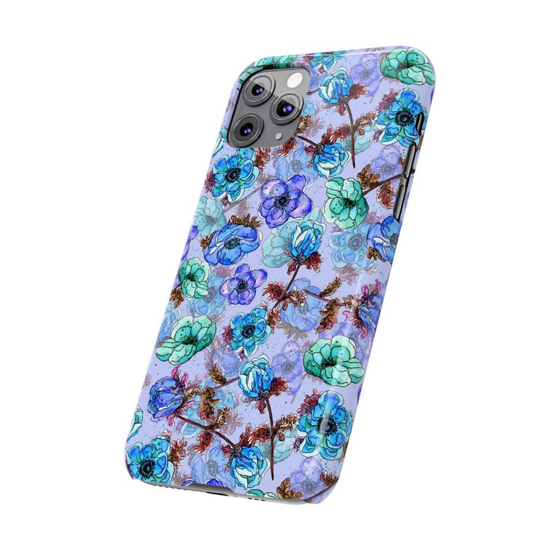 Slim telefoonhoesje met bloemen, blauwgroen waterverf (past op iPhone 14/11) afbeelding 8