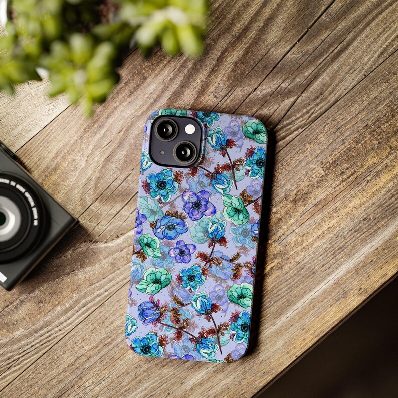 Slim telefoonhoesje met bloemen, blauwgroen waterverf (past op iPhone 14/11) afbeelding 17