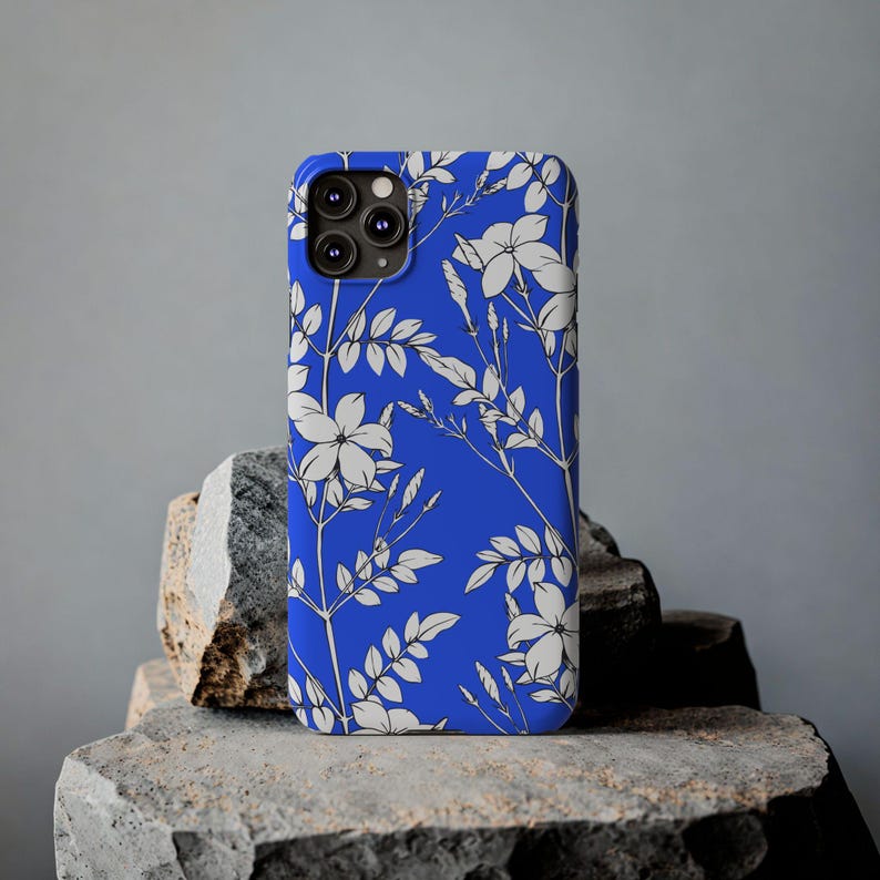 Botanical Slim Phone Case, White Flowers on Blue (Glossy, Lightweight) image 14