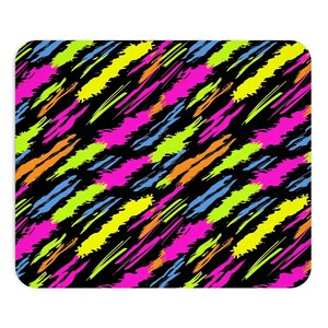 May include: A rectangular mousepad with a black background and a vibrant, abstract pattern. The design features diagonal brushstrokes in neon pink, yellow, orange, and blue, creating a dynamic and colorful visual.