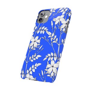Botanical Slim Phone Case, White Flowers on Blue (Glossy, Lightweight) image 4