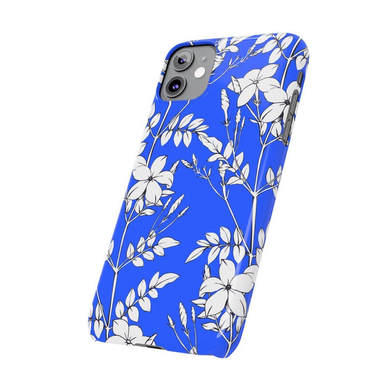 Botanical Slim Phone Case, White Flowers on Blue (Glossy, Lightweight) image 4