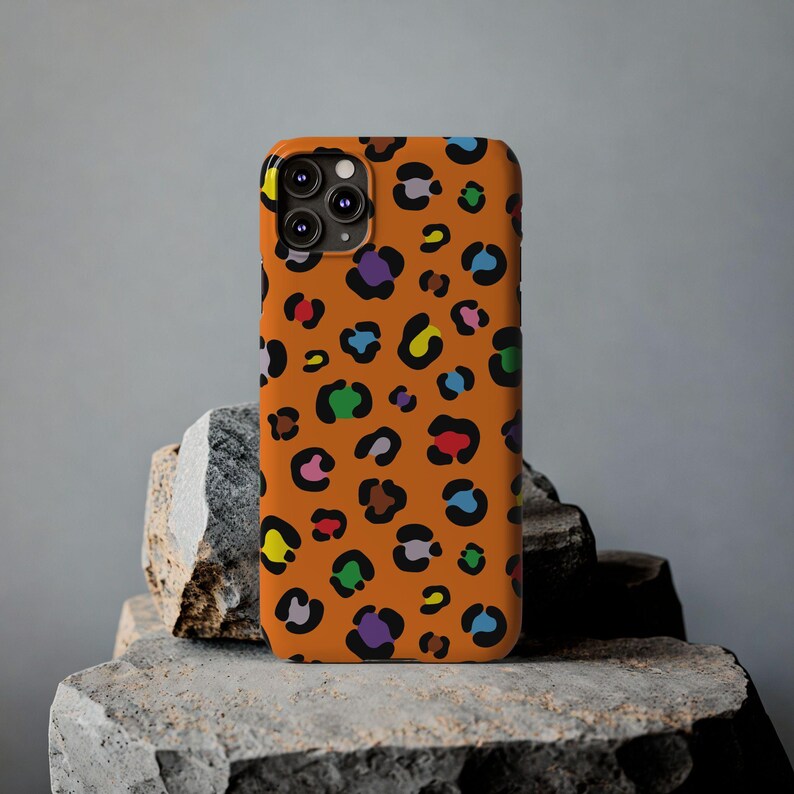 Custodia per telefono con stampa leopardata colorata: macchie arancioni e arcobaleno, vestibilità sottile immagine 13