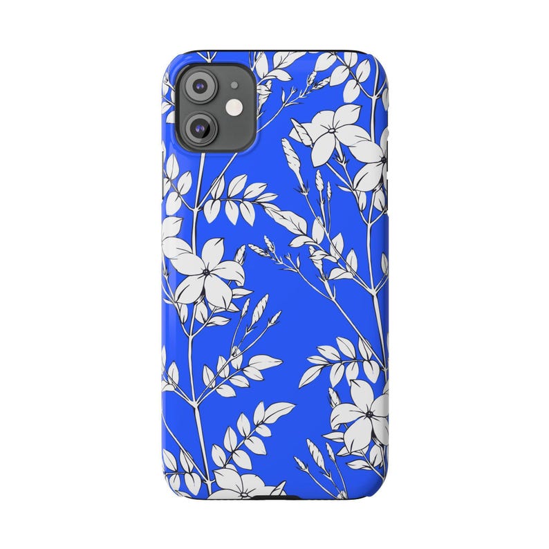 Botanical Slim Phone Case, White Flowers on Blue (Glossy, Lightweight) image 3