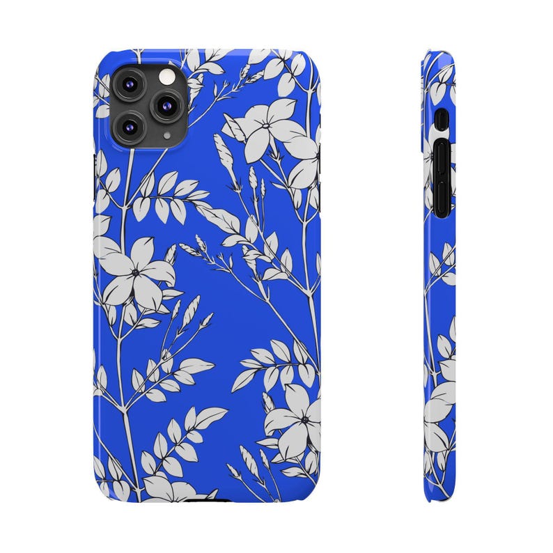 Botanical Slim Phone Case, White Flowers on Blue (Glossy, Lightweight) image 10