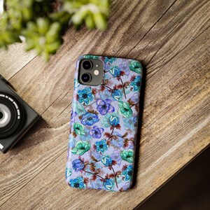Slim telefoonhoesje met bloemen, blauwgroen waterverf (past op iPhone 14/11) afbeelding 5