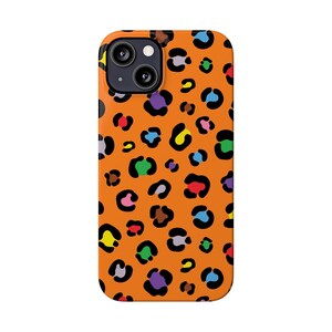 Custodia per telefono con stampa leopardata colorata: macchie arancioni e arcobaleno, vestibilità sottile immagine 15