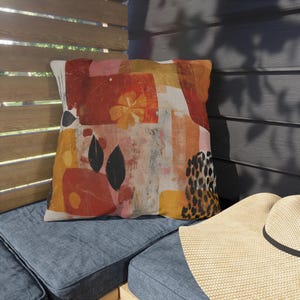 Abstract Floral Collage Outdoor Pillow | Rust Terracotta Leopard Accent