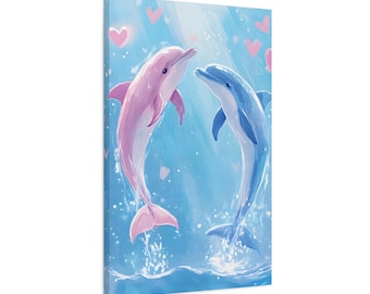 Pink and Blue Dolphins Canvas Art: Whimsical Ocean Nursery Decor