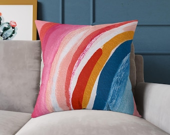 Cojín cuadrado con pinceladas de arcoíris / Cojín decorativo abstracto rosa y azul