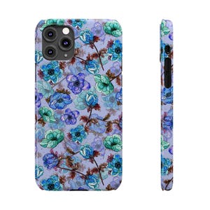 Slim telefoonhoesje met bloemen, blauwgroen waterverf (past op iPhone 14/11) afbeelding 6