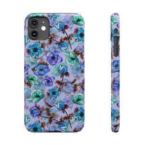 Slim telefoonhoesje met bloemen, blauwgroen waterverf (past op iPhone 14/11) afbeelding 2