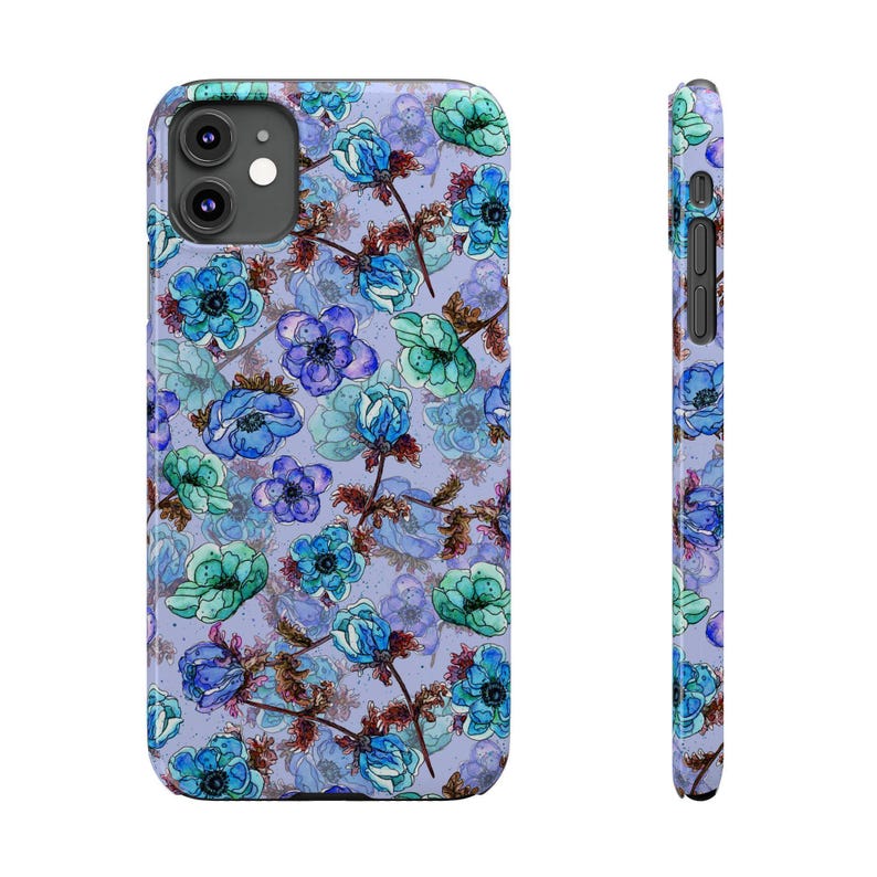 Slim telefoonhoesje met bloemen, blauwgroen waterverf (past op iPhone 14/11) afbeelding 2