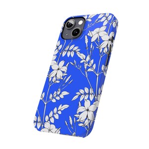 Botanical Slim Phone Case, White Flowers on Blue (Glossy, Lightweight) image 17