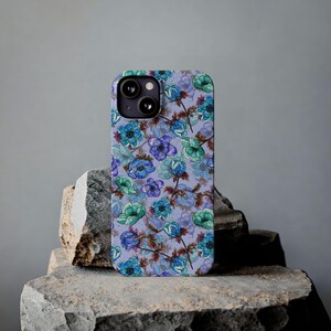 Slim telefoonhoesje met bloemen, blauwgroen waterverf (past op iPhone 14/11) afbeelding 18