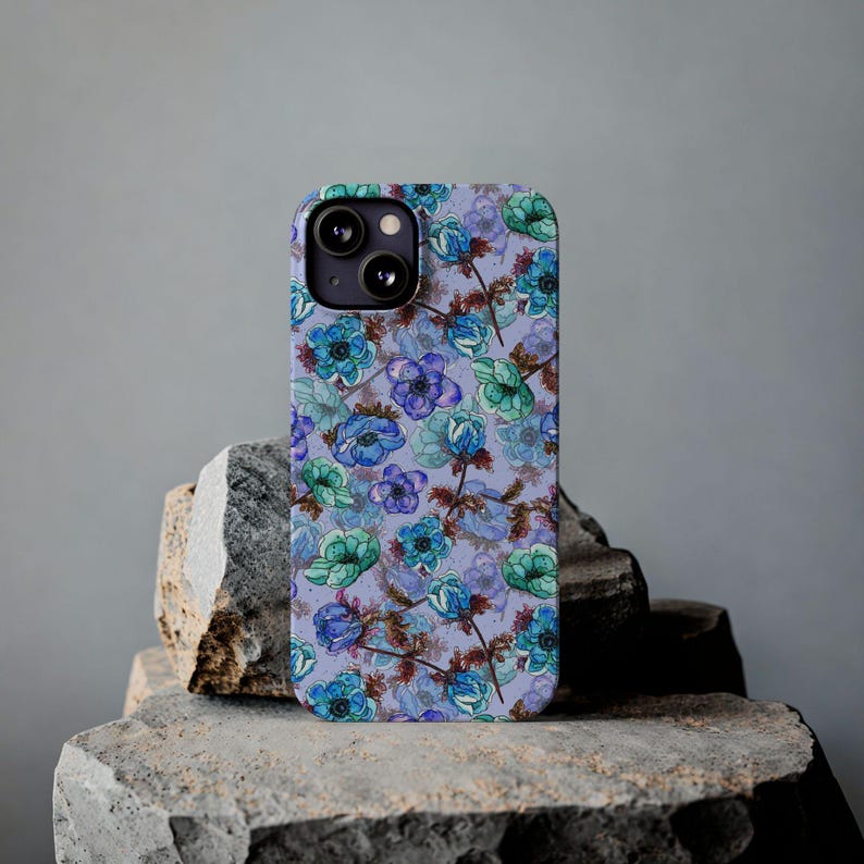 Slim telefoonhoesje met bloemen, blauwgroen waterverf (past op iPhone 14/11) afbeelding 18