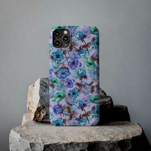 Slim telefoonhoesje met bloemen, blauwgroen waterverf (past op iPhone 14/11) afbeelding 13