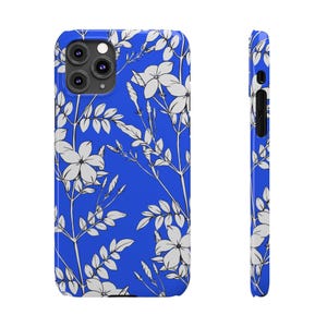 Botanical Slim Phone Case, White Flowers on Blue (Glossy, Lightweight) image 6