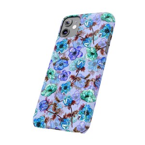 Slim telefoonhoesje met bloemen, blauwgroen waterverf (past op iPhone 14/11) afbeelding 4