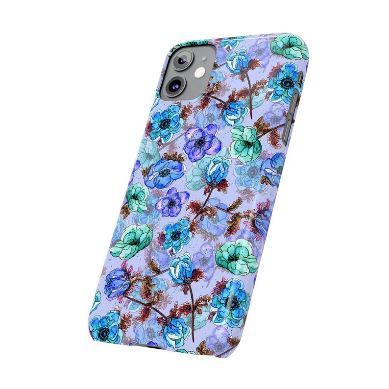 Slim telefoonhoesje met bloemen, blauwgroen waterverf (past op iPhone 14/11) afbeelding 4