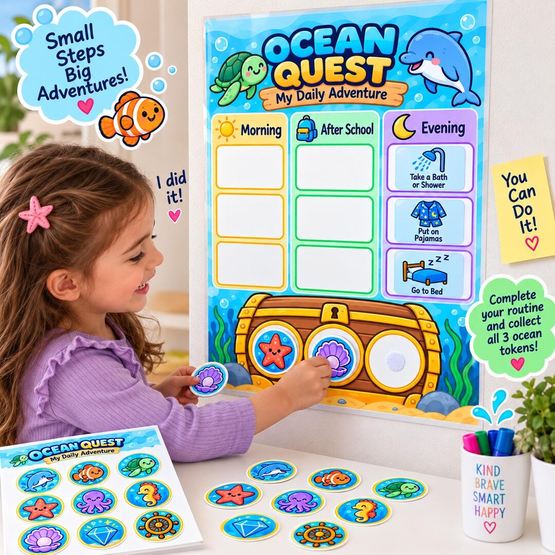 Tableau de routine pour enfants Ocean Quest, emploi du temps visuel ...