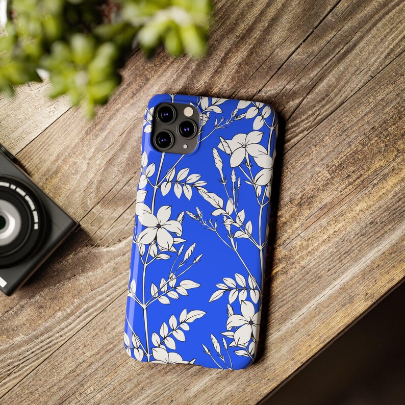 Botanical Slim Phone Case, White Flowers on Blue (Glossy, Lightweight) image 13