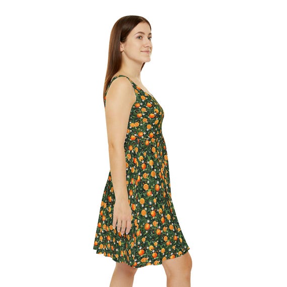 Fruity Women's Skater Dress - Vibrant Citrus Print Summer Dress, Orange Patterned Dress, Fun Casual Summer Outfit, Beach Party Dress,
