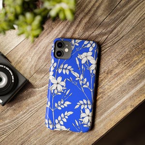 Botanical Slim Phone Case, White Flowers on Blue (Glossy, Lightweight) image 5