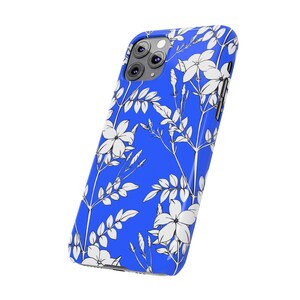 Botanical Slim Phone Case, White Flowers on Blue (Glossy, Lightweight) image 8