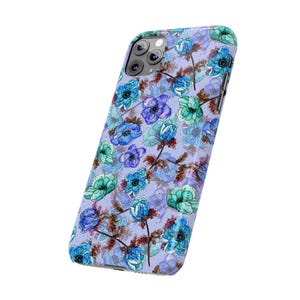 Slim telefoonhoesje met bloemen, blauwgroen waterverf (past op iPhone 14/11) afbeelding 11