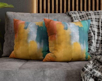 Abstract Brushstroke Pillow Cover, Ombre Orange Aqua Yellow Mint Green Polyester Cushion