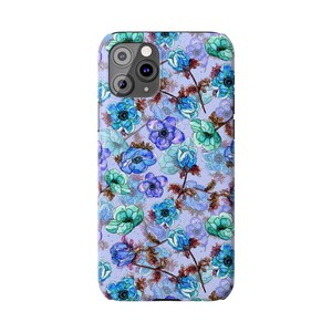 Slim telefoonhoesje met bloemen, blauwgroen waterverf (past op iPhone 14/11) afbeelding 7