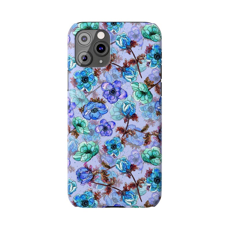 Slim telefoonhoesje met bloemen, blauwgroen waterverf (past op iPhone 14/11) afbeelding 7