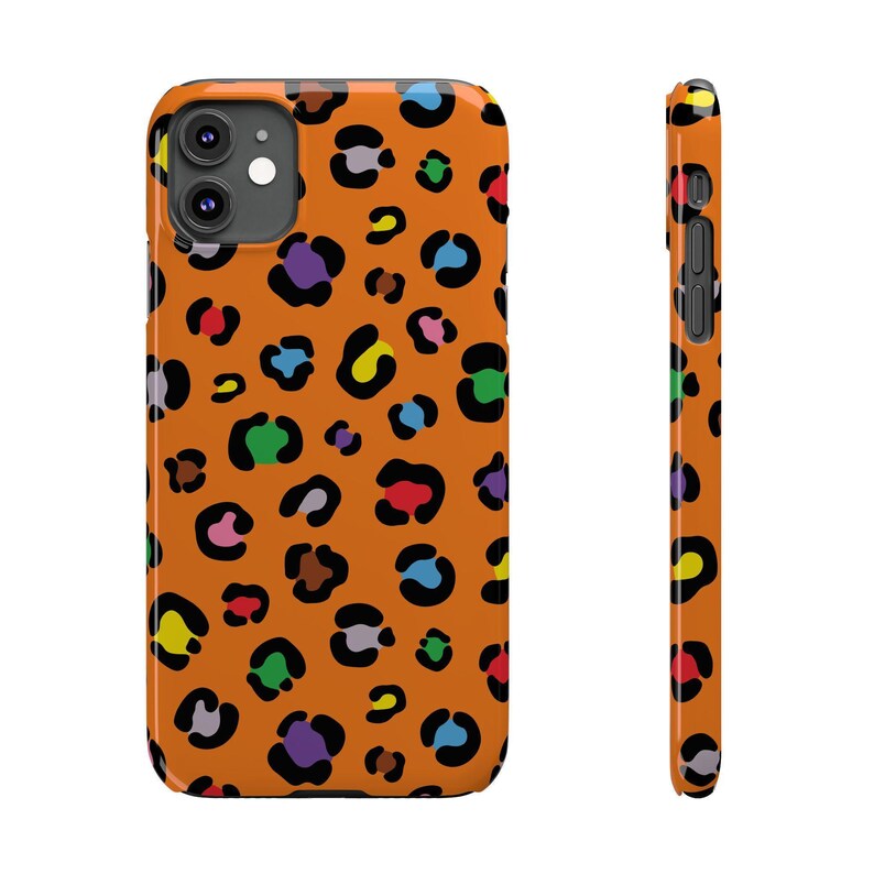 Custodia per telefono con stampa leopardata colorata: macchie arancioni e arcobaleno, vestibilità sottile immagine 2