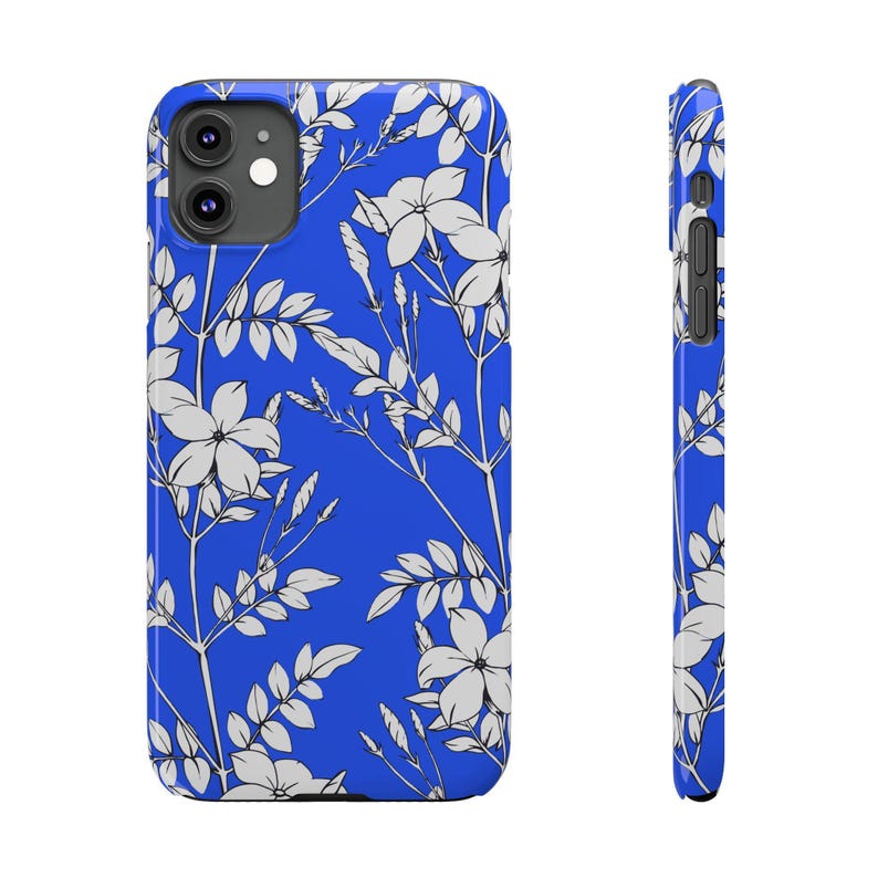 Botanical Slim Phone Case, White Flowers on Blue (Glossy, Lightweight) image 2