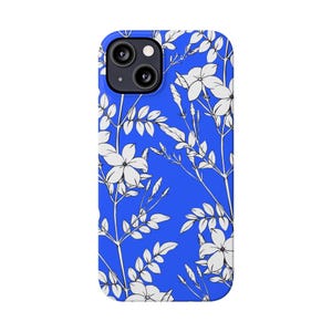Botanical Slim Phone Case, White Flowers on Blue (Glossy, Lightweight) image 16