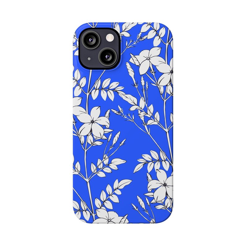 Botanical Slim Phone Case, White Flowers on Blue (Glossy, Lightweight) image 16