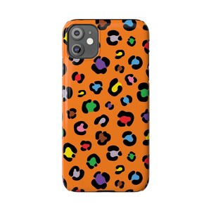 Custodia per telefono con stampa leopardata colorata: macchie arancioni e arcobaleno, vestibilità sottile immagine 3