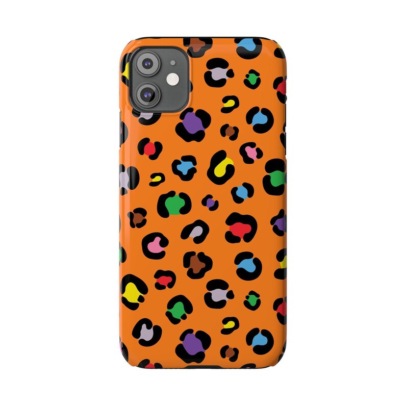 Custodia per telefono con stampa leopardata colorata: macchie arancioni e arcobaleno, vestibilità sottile immagine 3