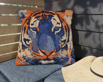 Blue Orange Tiger Face Outdoor Pillow | Bold Wildlife Throw Cushion