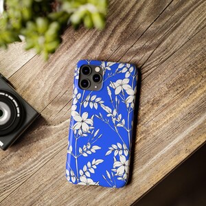 Botanical Slim Phone Case, White Flowers on Blue (Glossy, Lightweight) image 9