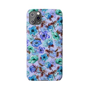 Slim telefoonhoesje met bloemen, blauwgroen waterverf (past op iPhone 14/11) afbeelding 10
