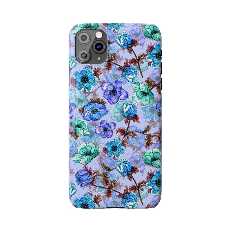 Slim telefoonhoesje met bloemen, blauwgroen waterverf (past op iPhone 14/11) afbeelding 10