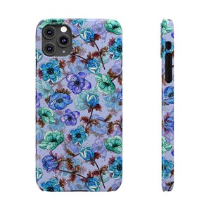 Slim telefoonhoesje met bloemen, blauwgroen waterverf (past op iPhone 14/11) afbeelding 9