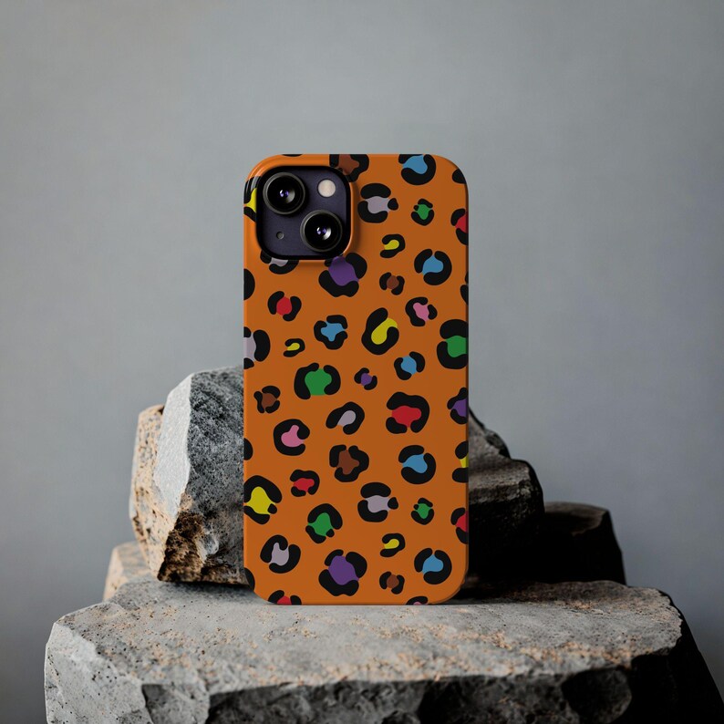 Custodia per telefono con stampa leopardata colorata: macchie arancioni e arcobaleno, vestibilità sottile immagine 18