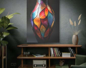 Kleurrijke vaas met gebrandschilderd glas Art Print, levendig interieur, moderne muurkunst, cadeau-idee voor huiseigenaren, kunstliefhebbers, housewarmingdecoratie