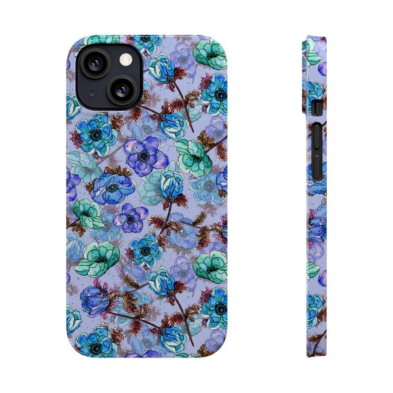 Slim telefoonhoesje met bloemen, blauwgroen waterverf (past op iPhone 14/11) afbeelding 14